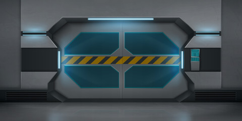 Realistic metal sliding doors with warning striped tape. Vector futuristic interior of empty hallway in spaceship or lab. Closed gate with security code lock keypad and display on the wall © vectorpocket