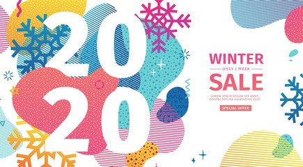 Abstract geometric design for the happy new year 2020. Christmas offer banner with vector liquid form and decor snowflakes and sparkles. Colorful creative template sale graphic fluid dynamic shape.