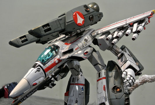 KUALA LUMPUR, MALAYSIA -APRIL 7, 2018: Selected focused on fictional character action figure from Japanese popular animated series Macross. The model named as VF-1S Strike Valkyrie in GERWALK mode. 