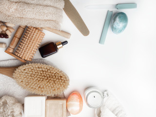 Zero waste concept. Eco-friendly bath set. Brushes, soap, serum, towel, stones, massage tools, nailfile