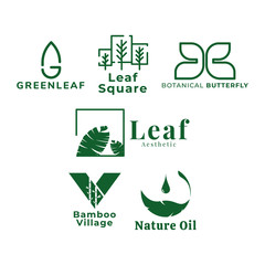 set of modern nature plant leaf logo design sign illustration symbol vector monoline minimalism fill object graphic resource element alphabet animal butterfly bamboo oil water drop oil 