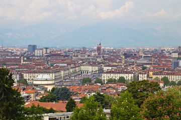Panoramic view of the city center of Turin, Piedmont, Italy, from the Villa della Regina, with the main monuments, Castle Square, Royal Palace, Vittorio Veneto Square 