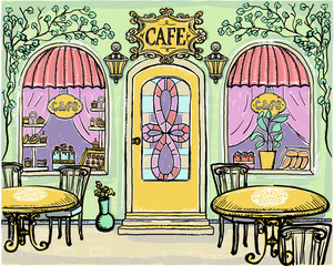 Fototapety  Street cafe sketch graphic illustration