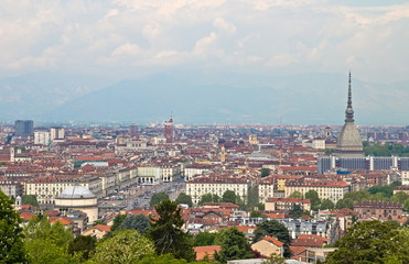 Fototapeta na wymiar Panoramic view of the city center of Turin, Piedmont, Italy, from the Villa della Regina, with the main monuments, Castle Square, Royal Palace, Vittorio Veneto Square 