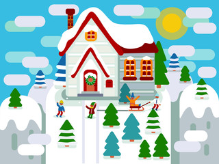 Vector illustrat.Winter house in the snowy mountains during the day. Children play snowballs and sledding.Christmas trees on the mountains, the sun in the sky and clouds float.All objects`e animated.