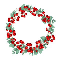 Christmas Wreath made of Red Berries and eucalyptus leaves, isolated on white background, vector illustration.