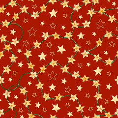 Fototapeta na wymiar Watercolor Christmas garland of cheese and stars on red background. Design happy New Year ilustration for greeting cards, banners, frames, wrapping paper and book cover.