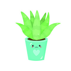 Vector graphics. Adorable, cute illustration of house plant. Kawaii emoticons. Flat cartoon illustration. Funny character. 