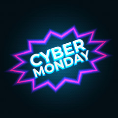 Obraz premium Bright cyber monday banner. Modern vector design promotion poster, web banner. Cyber monday neon flyer. Neon background