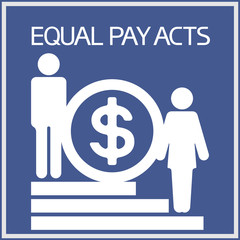 Equal pay act. Image of a man and a woman standings at different heights on a rung and a financial sign.