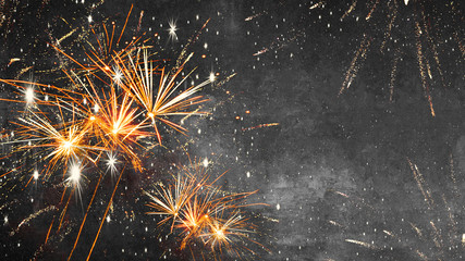 Silvester new year 2024 background banner panorama long- firework fireworks on rustic dark black grey stone concrete texture, top view with space for text - obrazy, fototapety, plakaty