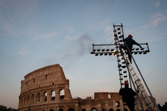 Rome - Italy, April 19, 2019: Pope Francis leads the Via Crucis (Way of the Cross) torchlight procession at the Colosseum on Good Friday..