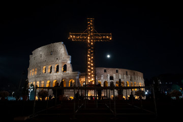Rome - Italy, April 19, 2019: Pope Francis leads the Via Crucis (Way of the Cross) torchlight...