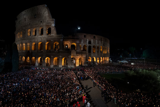 Rome - Italy, April 19, 2019: Pope Francis leads the Via Crucis (Way of the Cross) torchlight procession at the Colosseum on Good Friday..Christians around the world are marking the Holy Week, commemo