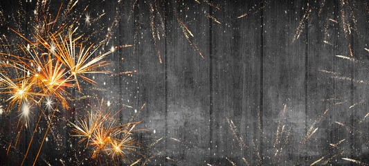 Silvester Fireworks new year 2024 background banner - Frame made of firework and stars on black...