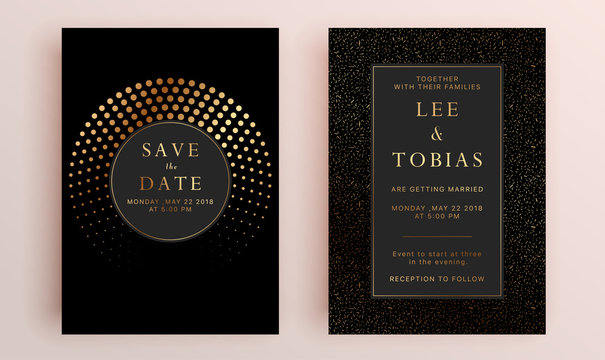 Beautiful set of wedding card templates. Gold collection of geometrical polyhedron, art deco style for wedding invitation, luxury templates, decorative patterns.