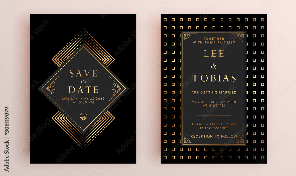 Wall mural Beautiful set of wedding card templates. Gold collection of geometrical polyhedron, art deco style for wedding invitation, luxury templates, decorative patterns.