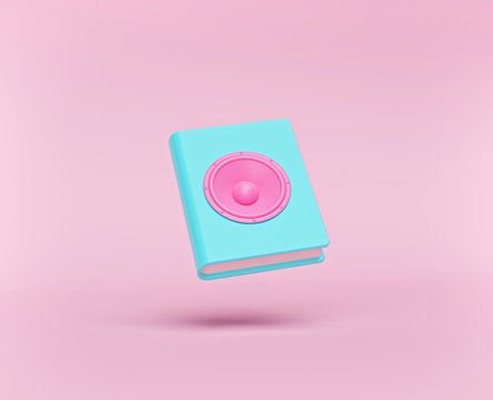 Audiobook concept. book with speaker isolated on pastel pink background. minimal style. 3d rendering
