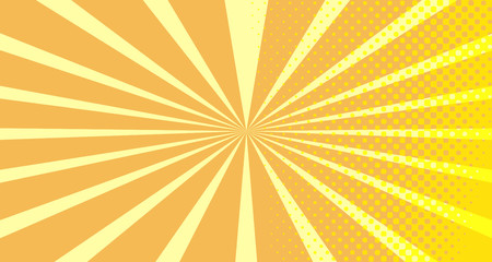 Vintage colorful comic book background. Orange blank bubbles of different shapes. Rays, radial, halftone, dotted effects. For sale banner empty Place for text 1960s. Copy space vector eps10.