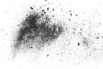 Fototapeta premium Black charcoal dust explosion, gunpowder isolated on white background and texture, top view