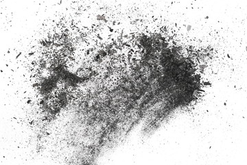 Black charcoal dust explosion, gunpowder isolated on white background and texture, top view
