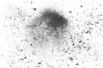 Black charcoal dust explosion, gunpowder isolated on white background and texture, top view