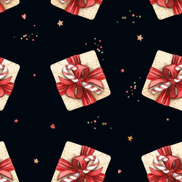 Christmas watercolor pattern on a black background. Wrap gifts with ribbons, paper, scissors, cones, stars, hearts, spruce branches, boxes. 