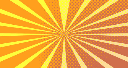 Vintage colorful comic book background. Orange blank bubbles of different shapes. Rays, radial, halftone, dotted effects. For sale banner empty Place for text 1960s. Copy space vector eps10.