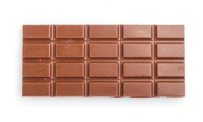 milk chocolate bar isolated on white background. top view