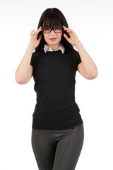Obraz na płótnie Canvas Blank t-shirt mock-up - Cute preppy, fashion geek girl ready for your design