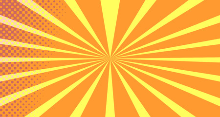 Fototapeta premium Vintage colorful comic book background. Orange blank bubbles of different shapes. Rays, radial, halftone, dotted effects. For sale banner empty Place for text 1960s. Copy space vector eps10.