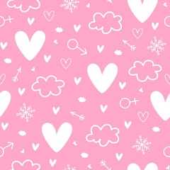 Never-ending seamless pattern with hearts, clouds, arrows, venus, mars and snowflakes. Happy St. Valentines background