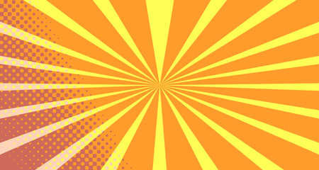 Fototapeta premium Vintage colorful comic book background. Orange blank bubbles of different shapes. Rays, radial, halftone, dotted effects. For sale banner empty Place for text 1960s. Copy space vector eps10.