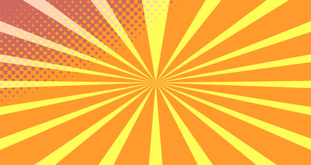 Vintage colorful comic book background. Orange blank bubbles of different shapes. Rays, radial, halftone, dotted effects. For sale banner empty Place for text 1960s. Copy space vector eps10.