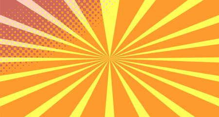 Vintage colorful comic book background. Orange blank bubbles of different shapes. Rays, radial, halftone, dotted effects. For sale banner empty Place for text 1960s. Copy space vector eps10.