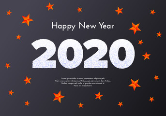 Holiday gift card. Happy New Year 2020. Snow numbers and red stars on dark background. Celebration decor. Vector
