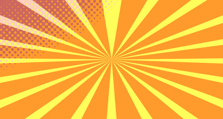 Vintage colorful comic book background. Orange blank bubbles of different shapes. Rays, radial, halftone, dotted effects. For sale banner empty Place for text 1960s. Copy space vector eps10.