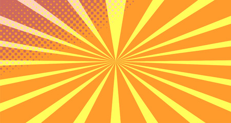 Vintage colorful comic book background. Orange blank bubbles of different shapes. Rays, radial, halftone, dotted effects. For sale banner empty Place for text 1960s. Copy space vector eps10.