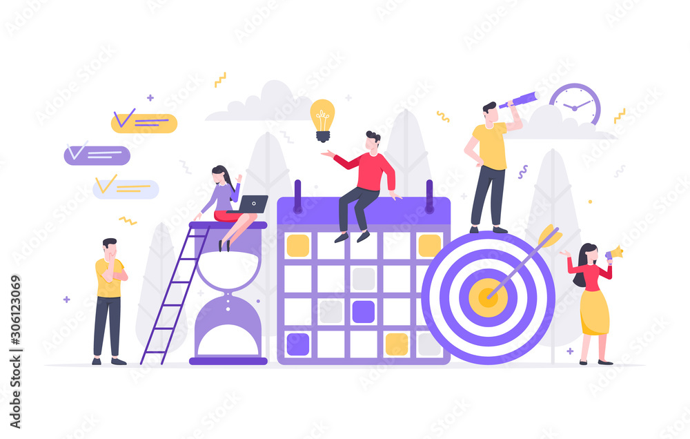 Poster tiny people characters working together with calendar schedule and fill out task on week schedule. t