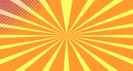Vintage colorful comic book background. Orange blank bubbles of different shapes. Rays, radial, halftone, dotted effects. For sale banner empty Place for text 1960s. Copy space vector eps10.