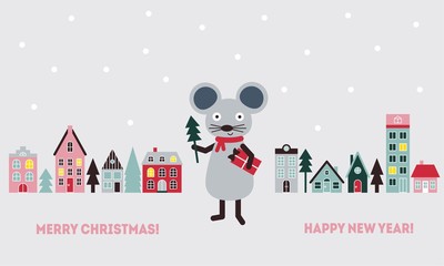 Happy New Year and Merry Christmas greeting card with cute mouse and scandinavian houses
