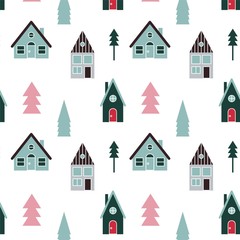 Holiday scandinavian style seamless pattern. Xmas trees and traditional houses in festive colors for greeting cards, fabric or wrapping paper