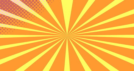 Vintage colorful comic book background. Orange blank bubbles of different shapes. Rays, radial, halftone, dotted effects. For sale banner empty Place for text 1960s. Copy space vector eps10.