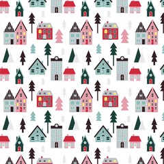 Holiday scandinavian style seamless pattern. Xmas trees and traditional houses in festive colors for greeting cards, fabric or wrapping paper