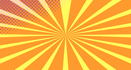 Vintage colorful comic book background. Orange blank bubbles of different shapes. Rays, radial, halftone, dotted effects. For sale banner empty Place for text 1960s. Copy space vector eps10.