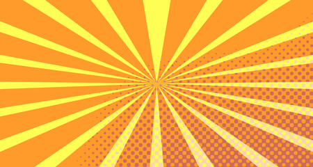 Vintage colorful comic book background. Orange blank bubbles of different shapes. Rays, radial, halftone, dotted effects. For sale banner empty Place for text 1960s. Copy space vector eps10.