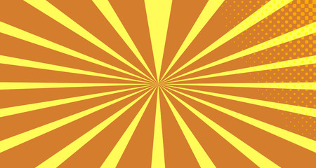 Vintage colorful comic book background. Orange blank bubbles of different shapes. Rays, radial, halftone, dotted effects. For sale banner empty Place for text 1960s. Copy space vector eps10.