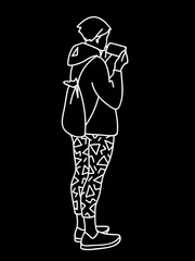 Teenage girl with backpack standing, attentively looking at mobile phone. Vector illustration of young woman checking social networks or watching video. Concept. White lines on black background.