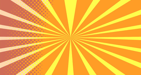 Vintage colorful comic book background. Orange blank bubbles of different shapes. Rays, radial, halftone, dotted effects. For sale banner empty Place for text 1960s. Copy space vector eps10.