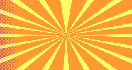 Vintage colorful comic book background. Orange blank bubbles of different shapes. Rays, radial, halftone, dotted effects. For sale banner empty Place for text 1960s. Copy space vector eps10.